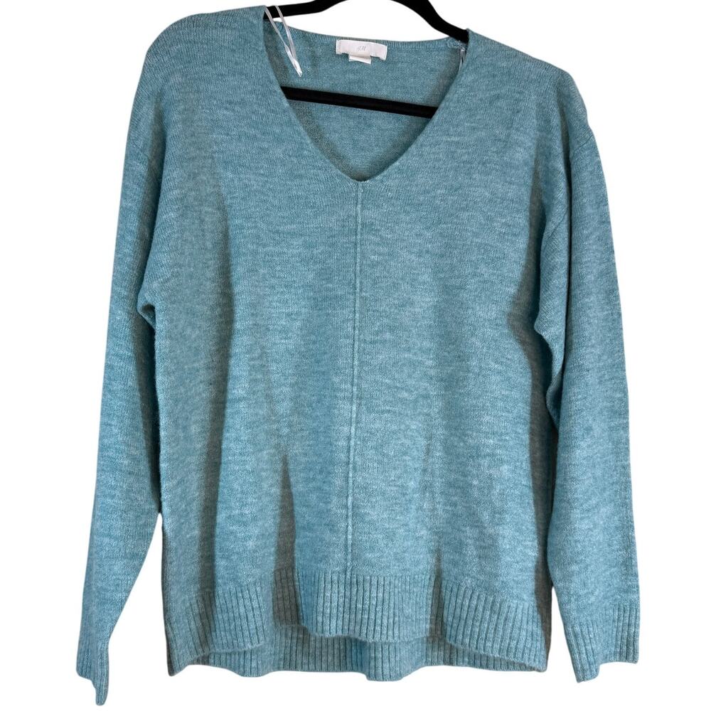 H&M Wool Sweater Jumper Women XS Teal Knitted Long Sleeve V-Neck Pullover Soft